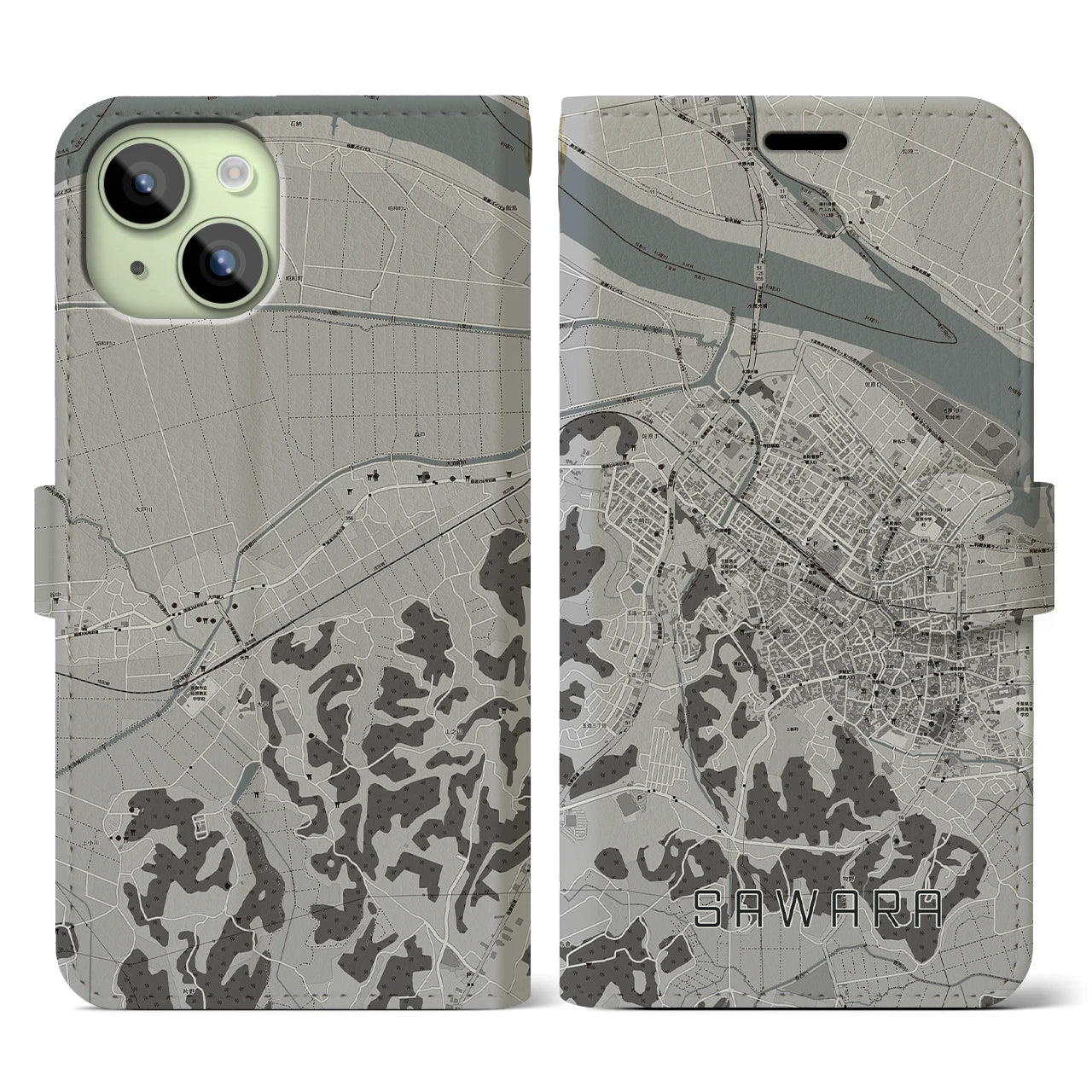 【佐原(千葉県)】地図柄iPhoneケース(手帳タイプ)モノトーン・iPhone 15 用