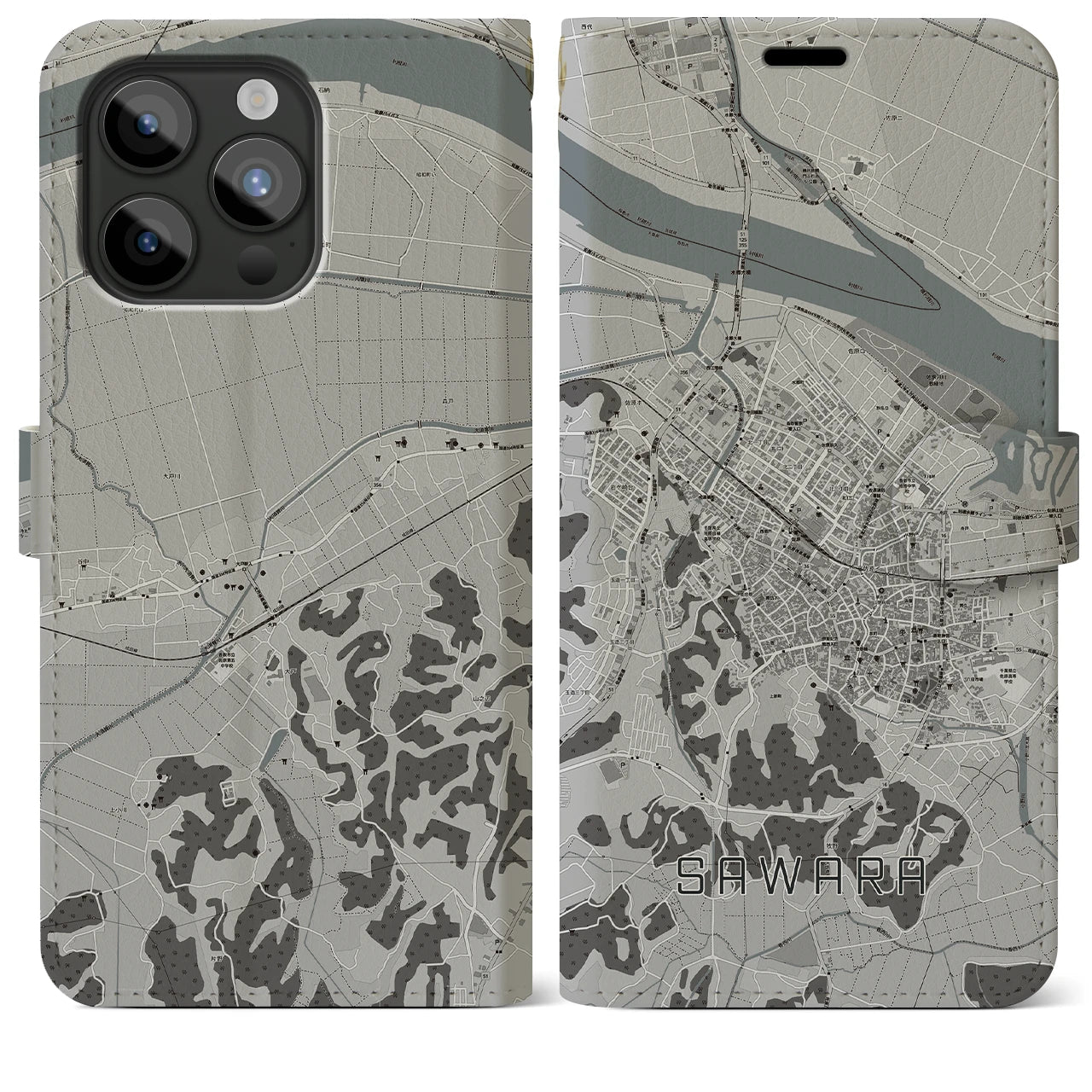【佐原(千葉県)】地図柄iPhoneケース(手帳タイプ)モノトーン・iPhone 15 Pro Max 用