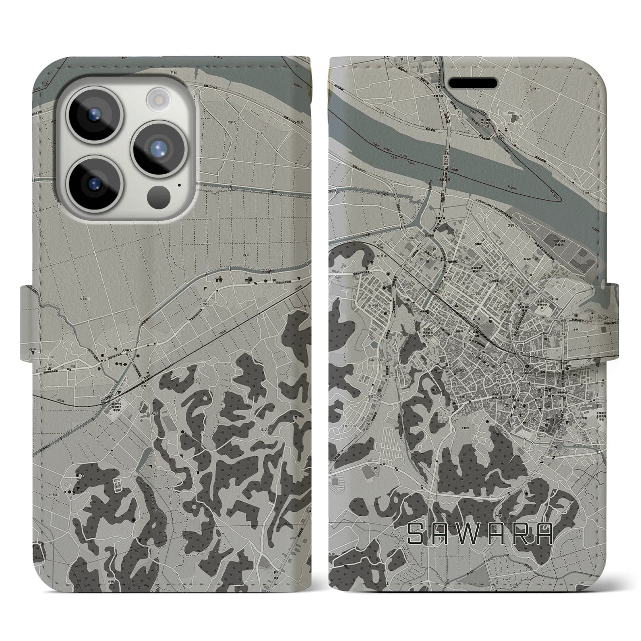 【佐原(千葉県)】地図柄iPhoneケース(手帳タイプ)モノトーン・iPhone 15 Pro 用