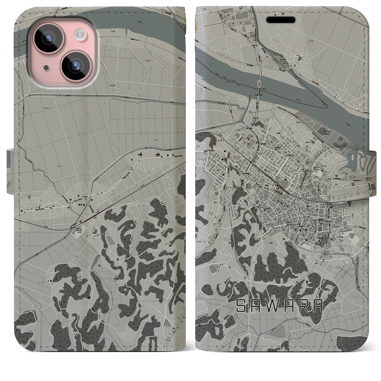 【佐原(千葉県)】地図柄iPhoneケース(手帳タイプ)モノトーン・iPhone 15 Plus 用