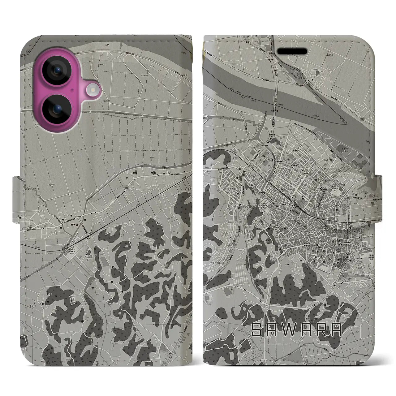 【佐原(千葉県)】地図柄iPhoneケース(手帳タイプ)モノトーン・iPhone 16 Pro 用