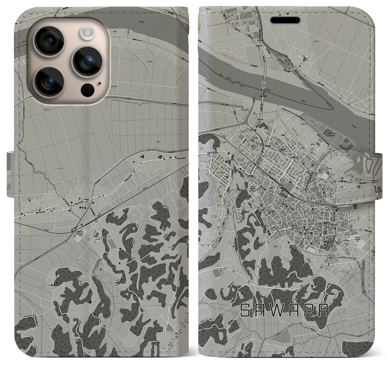 【佐原(千葉県)】地図柄iPhoneケース(手帳タイプ)モノトーン・iPhone 16 Plus 用