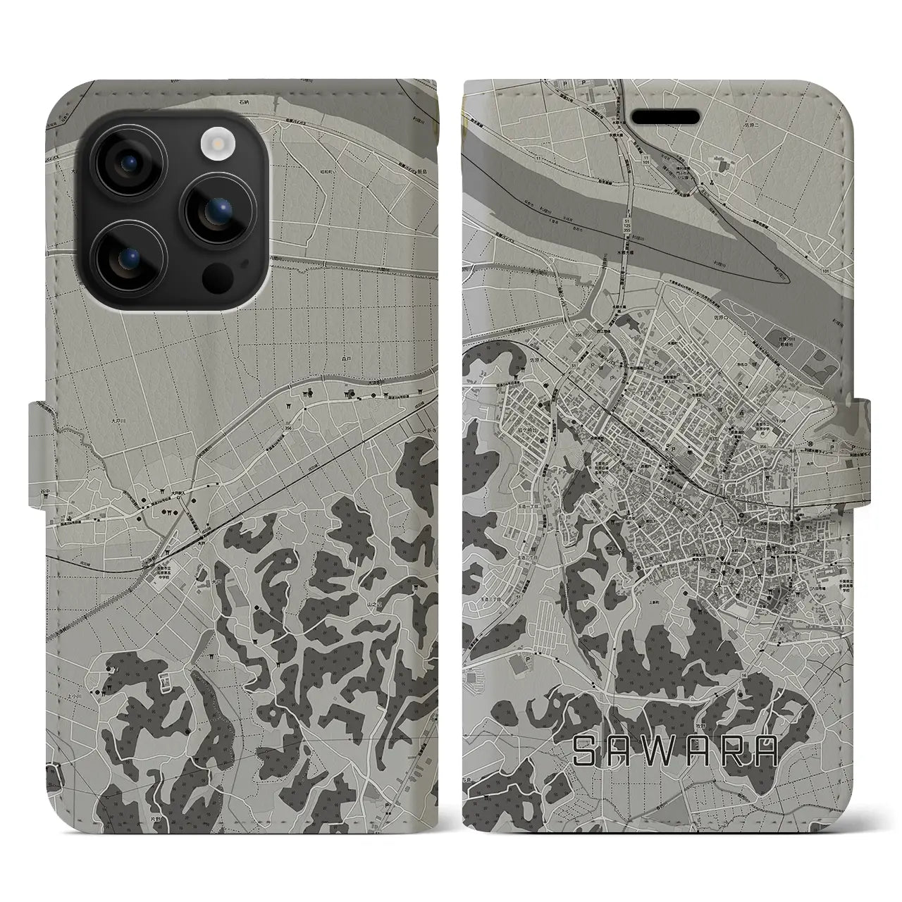 【佐原(千葉県)】地図柄iPhoneケース(手帳タイプ)モノトーン・iPhone 16 用