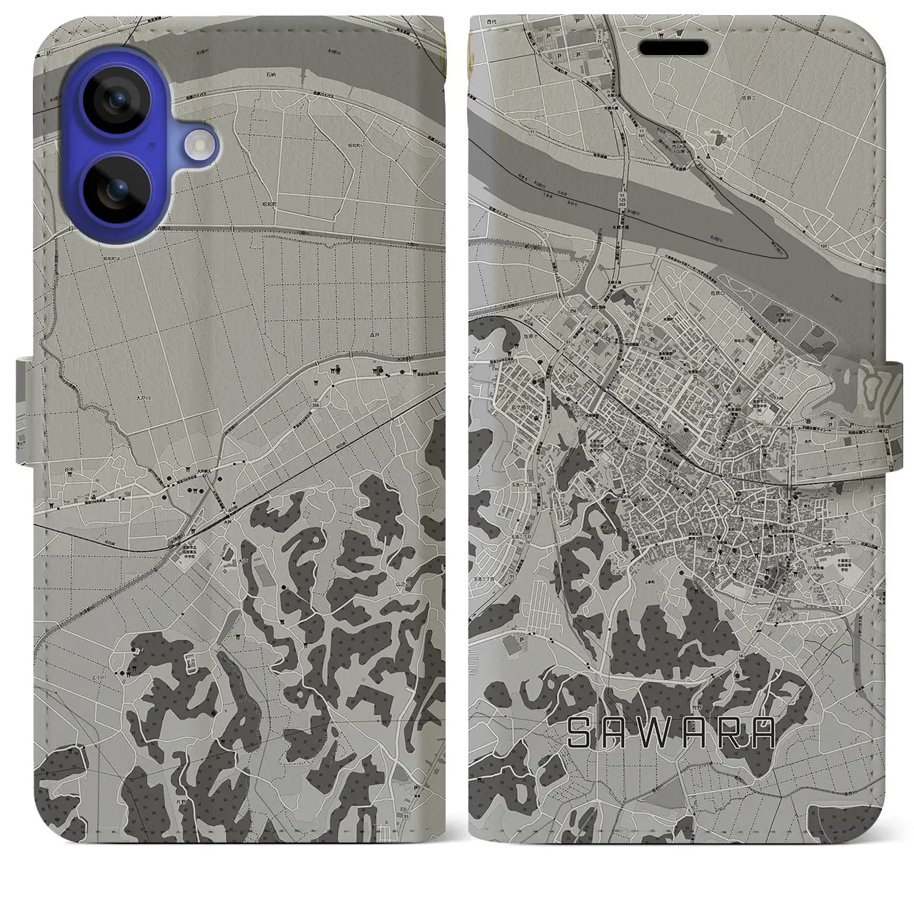 【佐原(千葉県)】地図柄iPhoneケース(手帳タイプ)モノトーン・iPhone 16 Pro Max 用