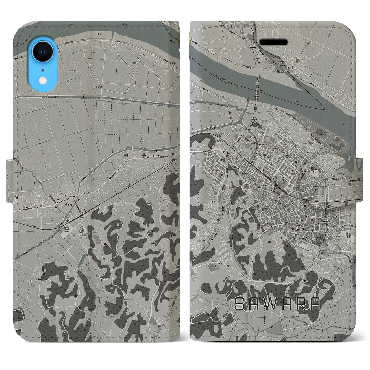 【佐原(千葉県)】地図柄iPhoneケース(手帳タイプ)モノトーン・iPhone XR 用