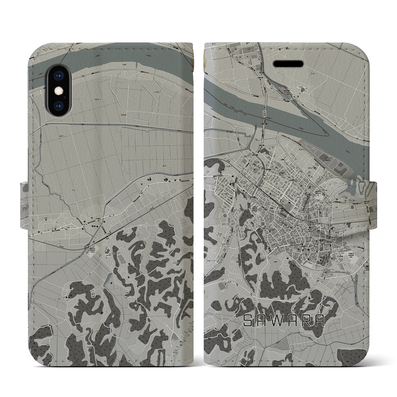 【佐原(千葉県)】地図柄iPhoneケース(手帳タイプ)モノトーン・iPhone XS / X 用