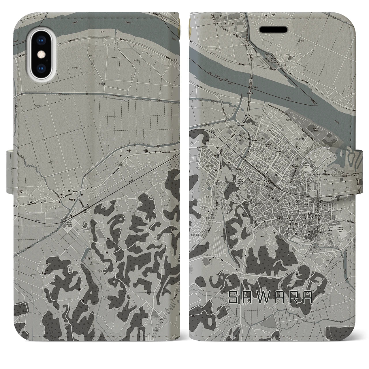 【佐原(千葉県)】地図柄iPhoneケース(手帳タイプ)モノトーン・iPhone XS Max 用