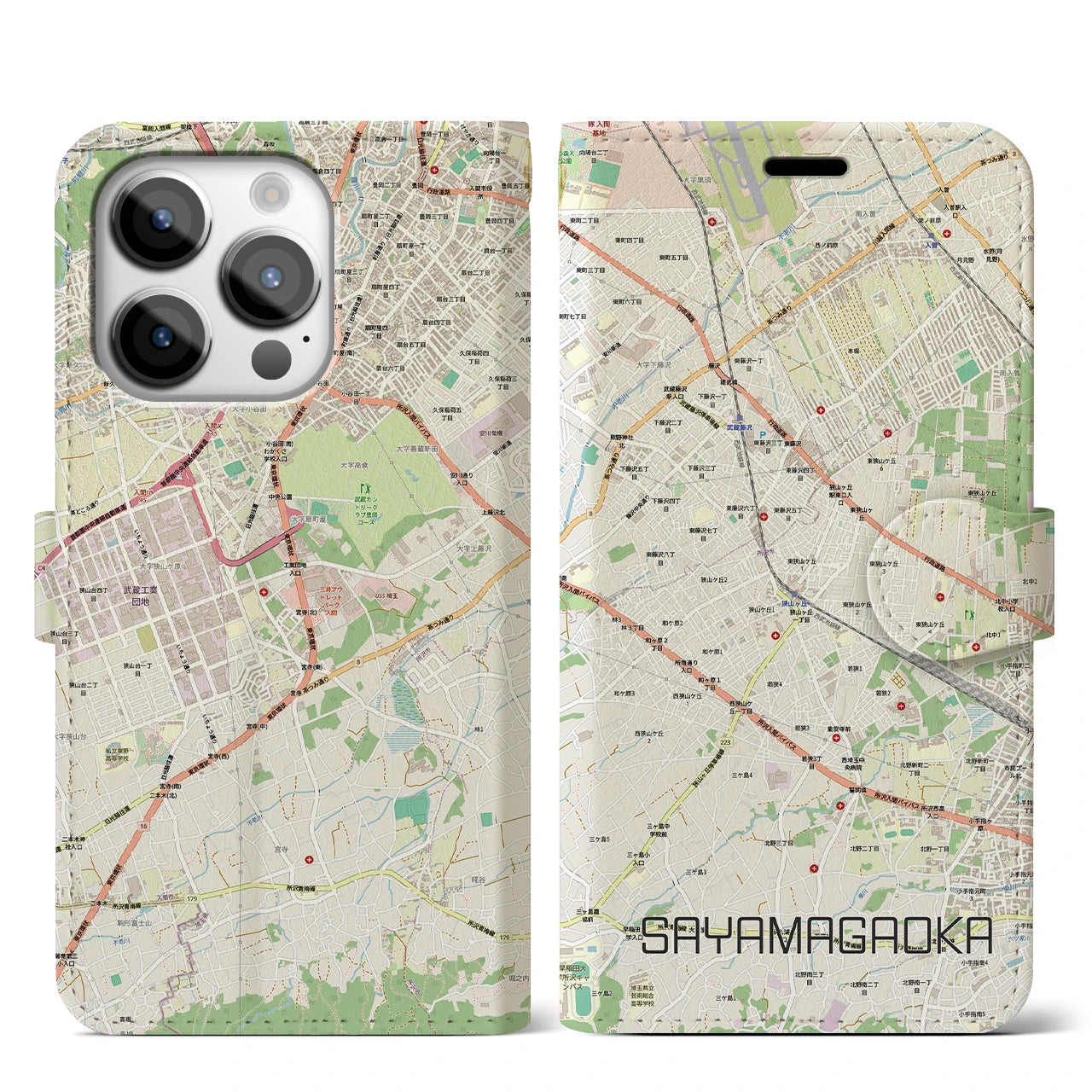 【狭山ヶ丘(埼玉県)】地図柄iPhoneケース(手帳タイプ)