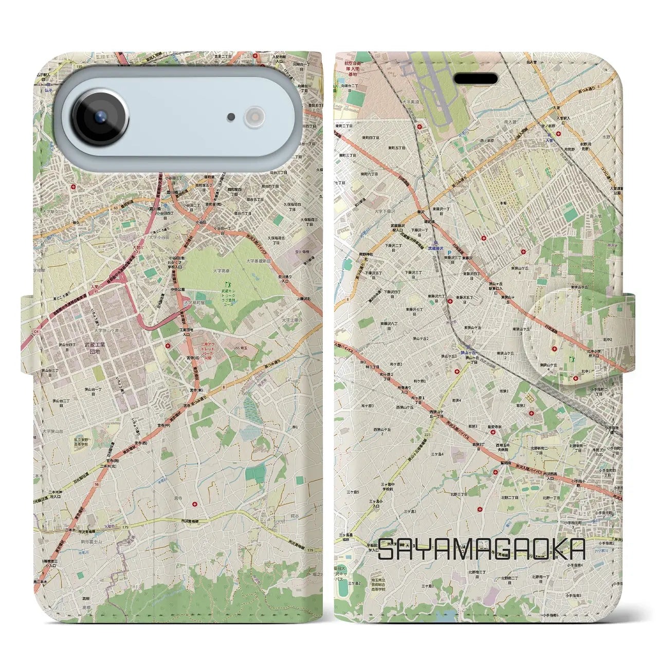 【狭山ヶ丘(埼玉県)】地図柄iPhoneケース(手帳タイプ)ナチュラル・iPhone 17 Pro Max 用