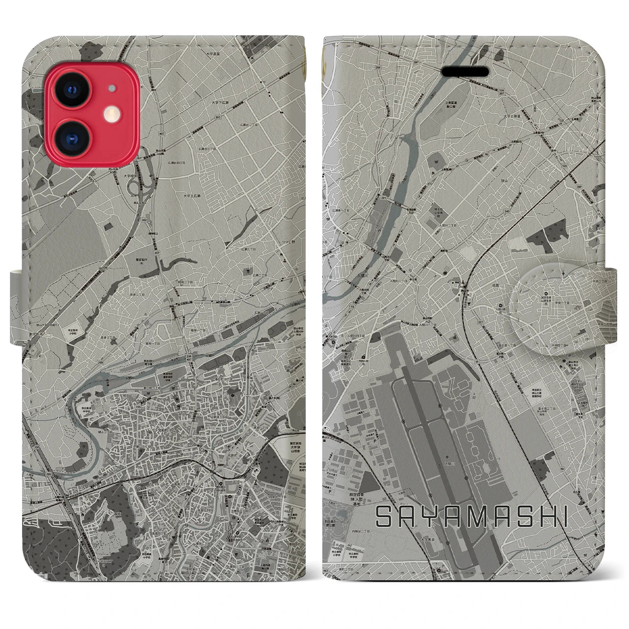 【狭山市(埼玉県)】地図柄iPhoneケース(手帳タイプ)モノトーン・iPhone 11 用