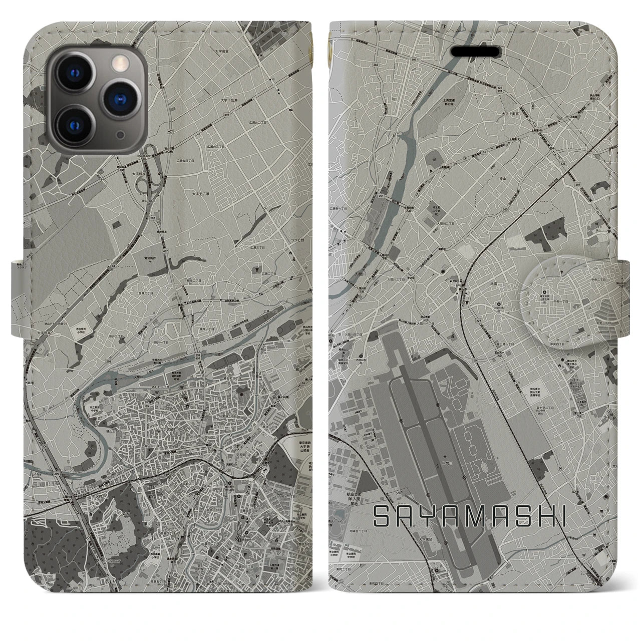 【狭山市(埼玉県)】地図柄iPhoneケース(手帳タイプ)モノトーン・iPhone 11 Pro Max 用