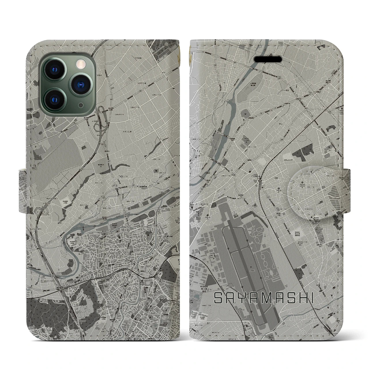 【狭山市(埼玉県)】地図柄iPhoneケース(手帳タイプ)モノトーン・iPhone 11 Pro 用