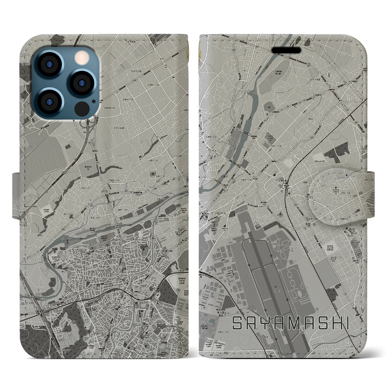 【狭山市(埼玉県)】地図柄iPhoneケース(手帳タイプ)モノトーン・iPhone 12 / 12 Pro 用
