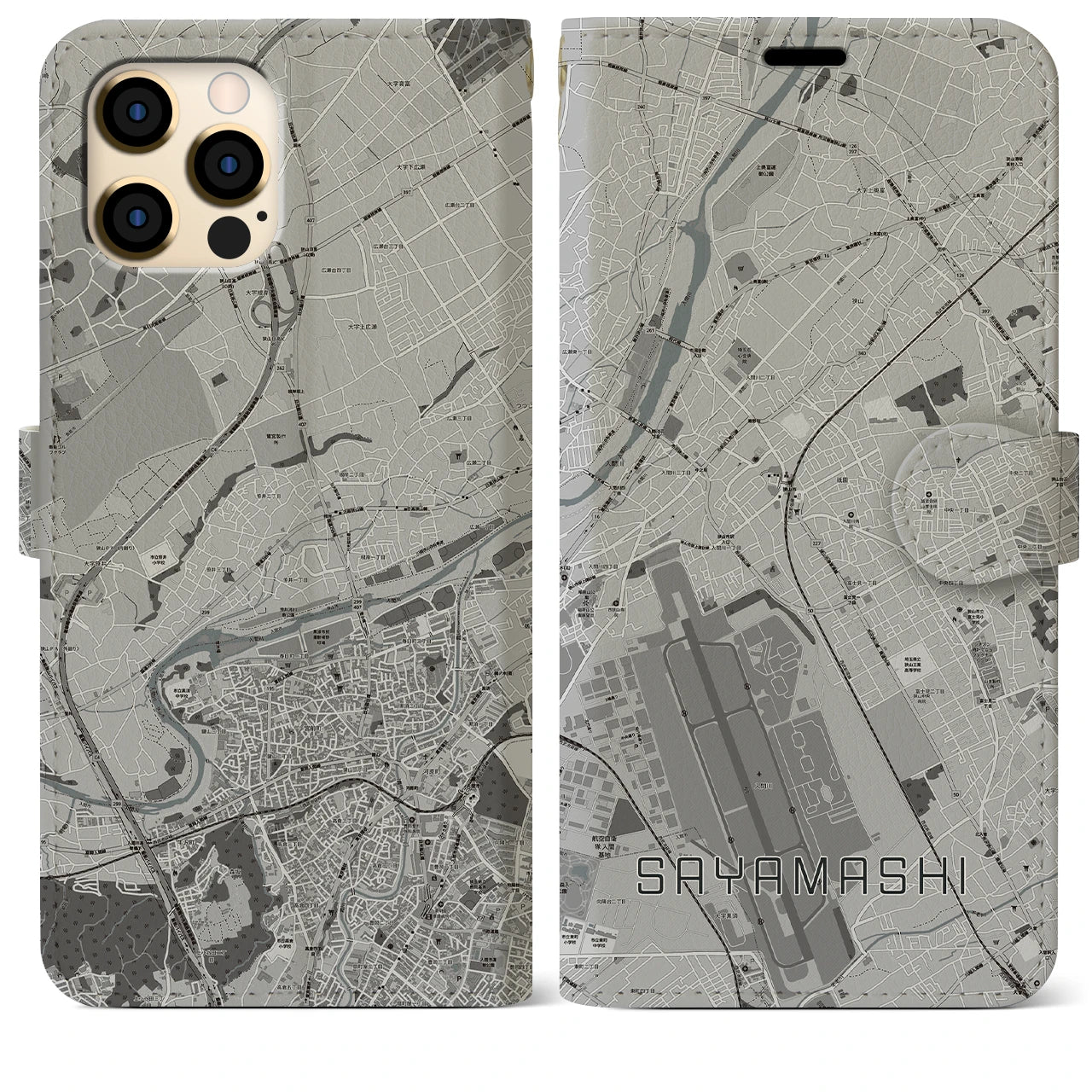 【狭山市(埼玉県)】地図柄iPhoneケース(手帳タイプ)モノトーン・iPhone 12 Pro Max 用