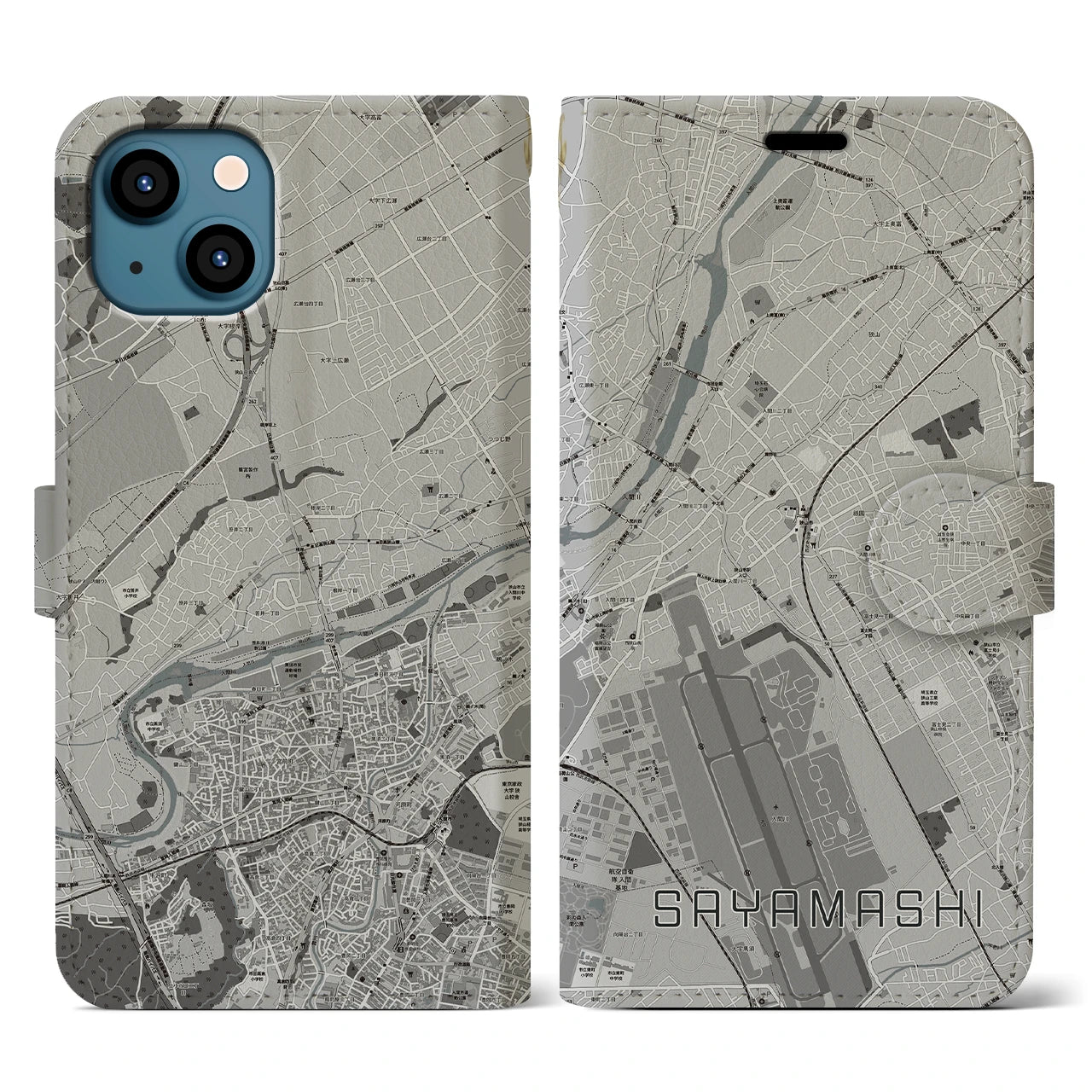 【狭山市(埼玉県)】地図柄iPhoneケース(手帳タイプ)モノトーン・iPhone 13 用