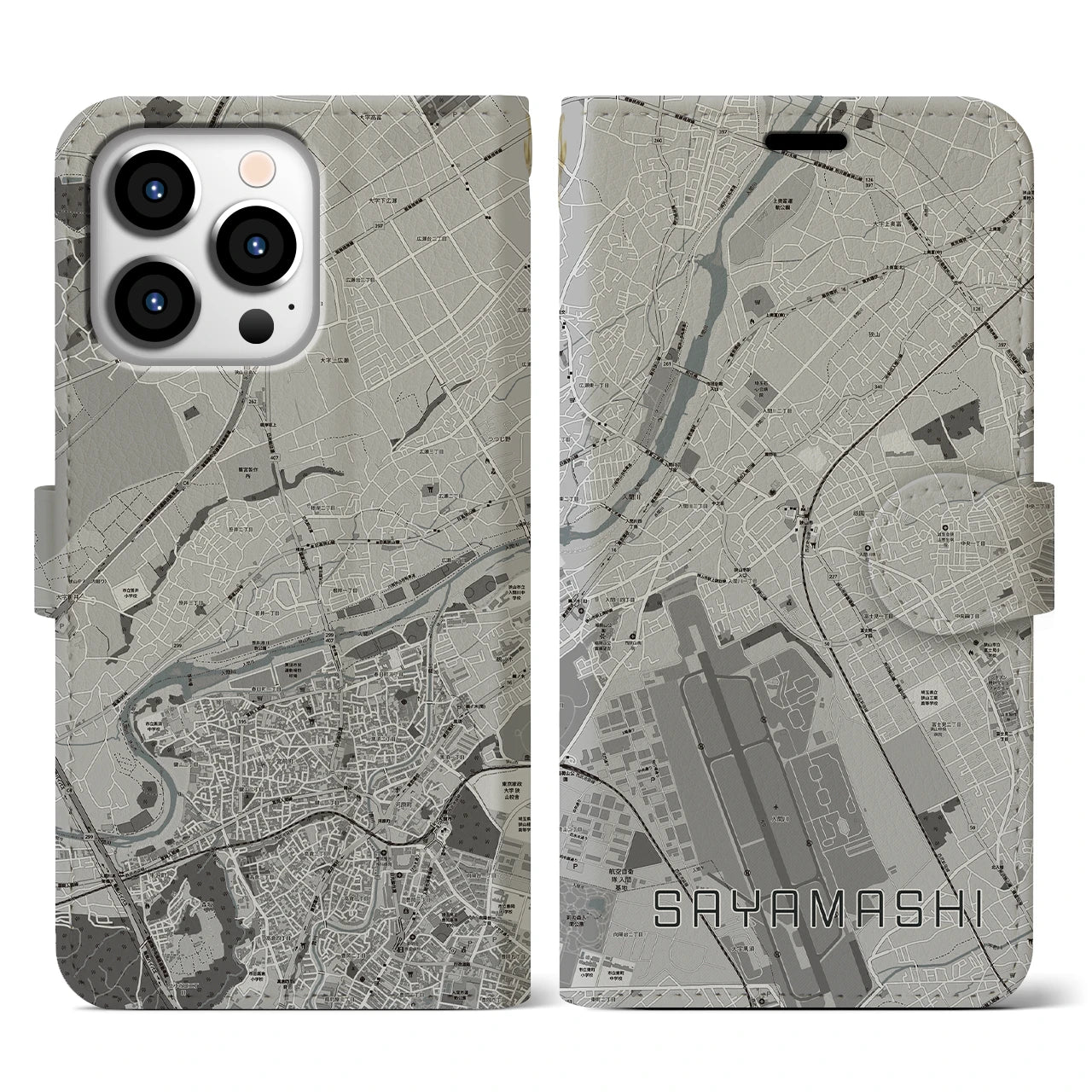 【狭山市(埼玉県)】地図柄iPhoneケース(手帳タイプ)モノトーン・iPhone 13 Pro 用