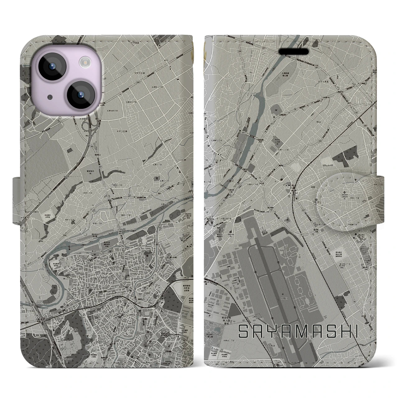 【狭山市(埼玉県)】地図柄iPhoneケース(手帳タイプ)モノトーン・iPhone 14 用
