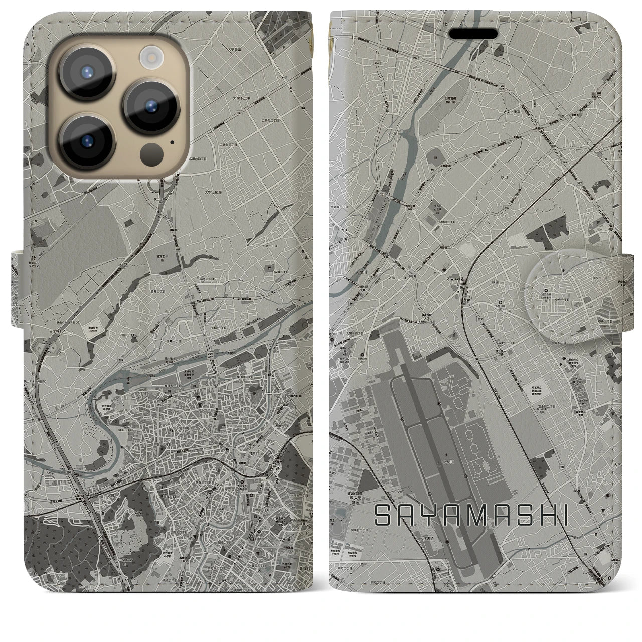 【狭山市(埼玉県)】地図柄iPhoneケース(手帳タイプ)モノトーン・iPhone 14 Pro Max 用