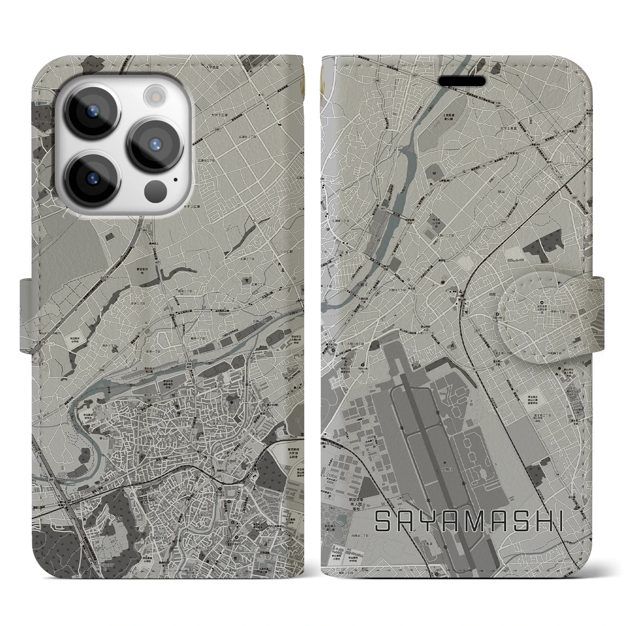 【狭山市(埼玉県)】地図柄iPhoneケース(手帳タイプ)モノトーン・iPhone 14 Pro 用