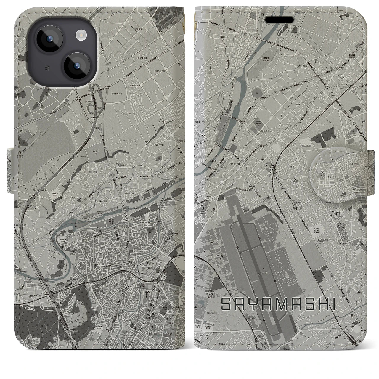 【狭山市(埼玉県)】地図柄iPhoneケース(手帳タイプ)モノトーン・iPhone 14 Plus 用