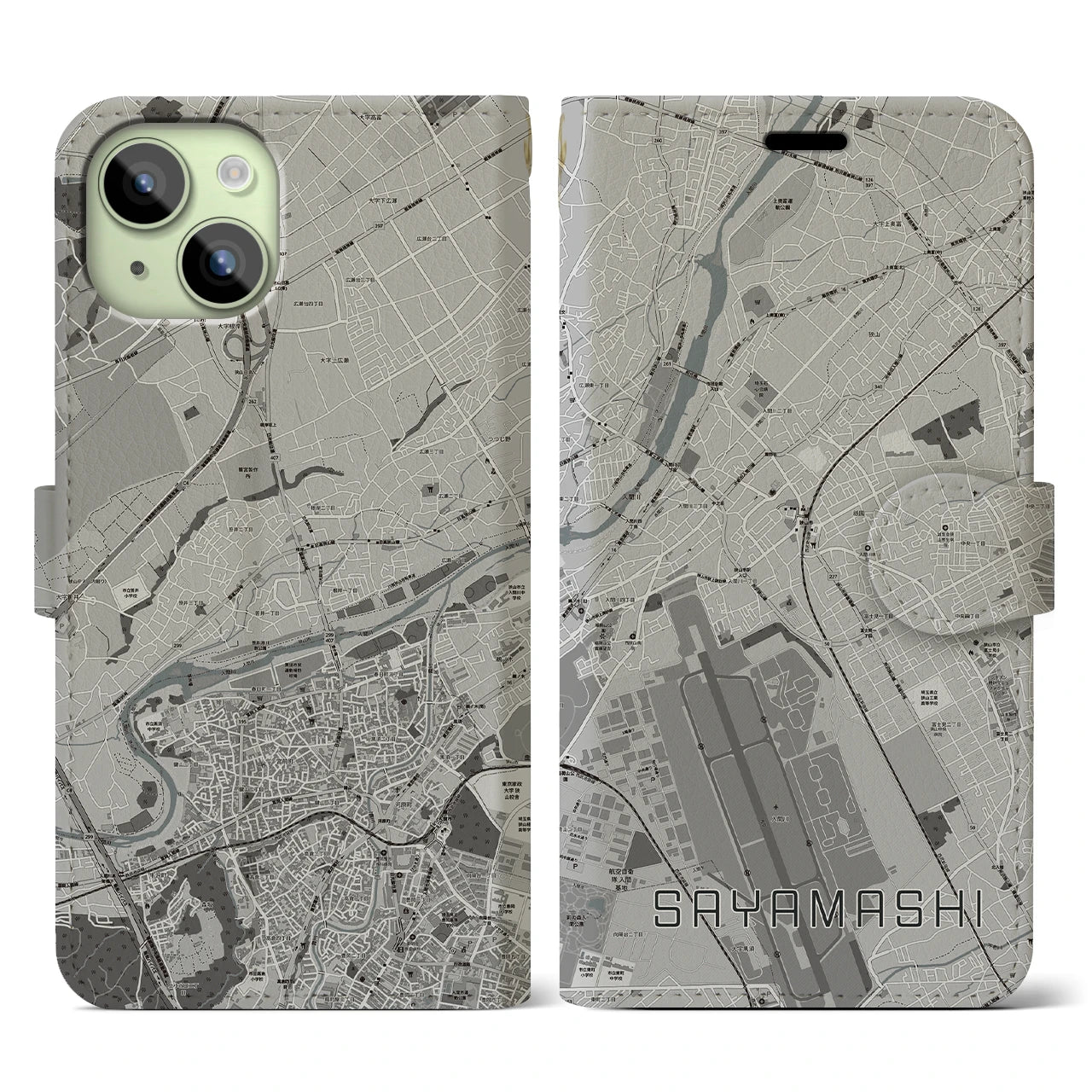 【狭山市(埼玉県)】地図柄iPhoneケース(手帳タイプ)モノトーン・iPhone 15 用
