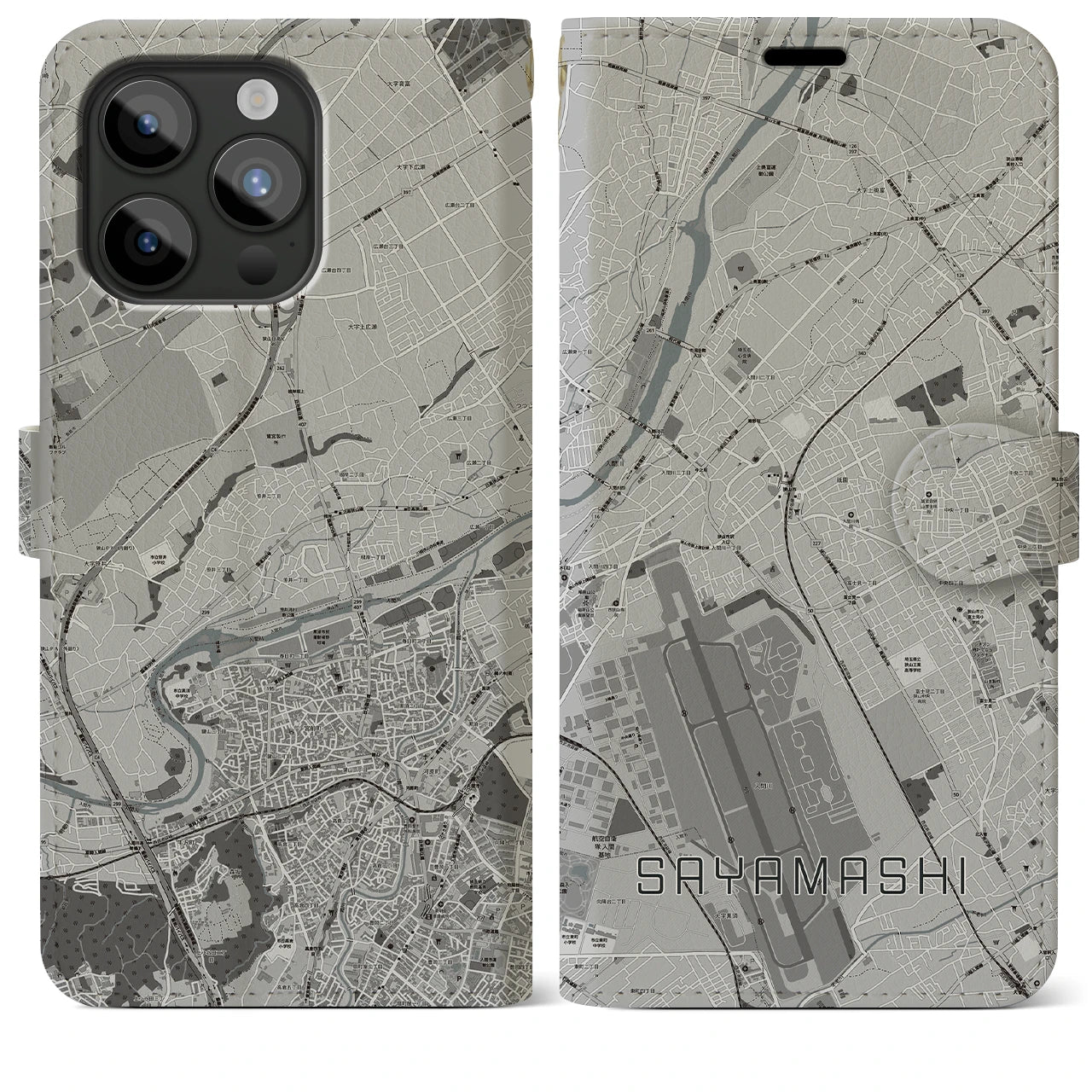 【狭山市(埼玉県)】地図柄iPhoneケース(手帳タイプ)モノトーン・iPhone 15 Pro Max 用