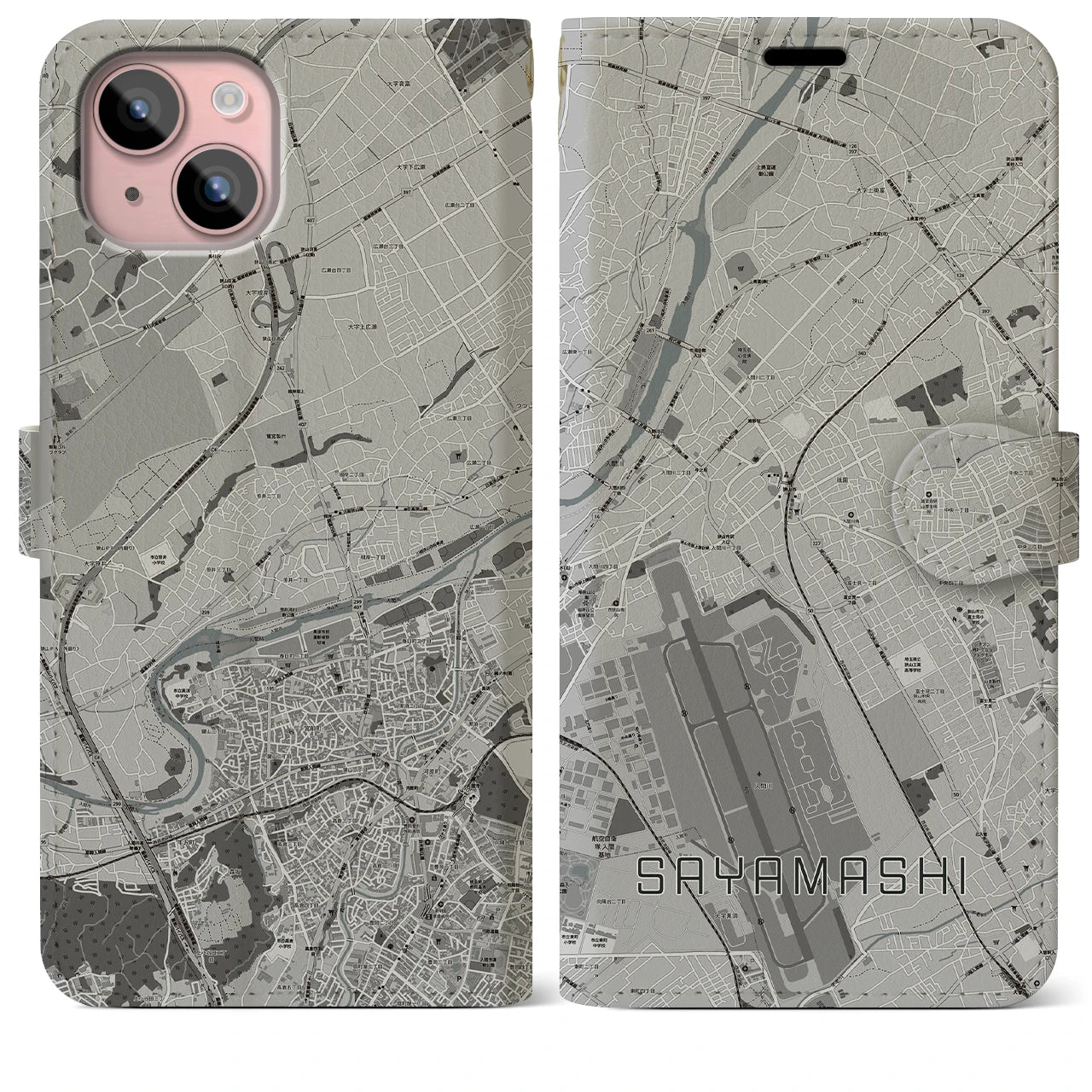 【狭山市(埼玉県)】地図柄iPhoneケース(手帳タイプ)モノトーン・iPhone 15 Plus 用
