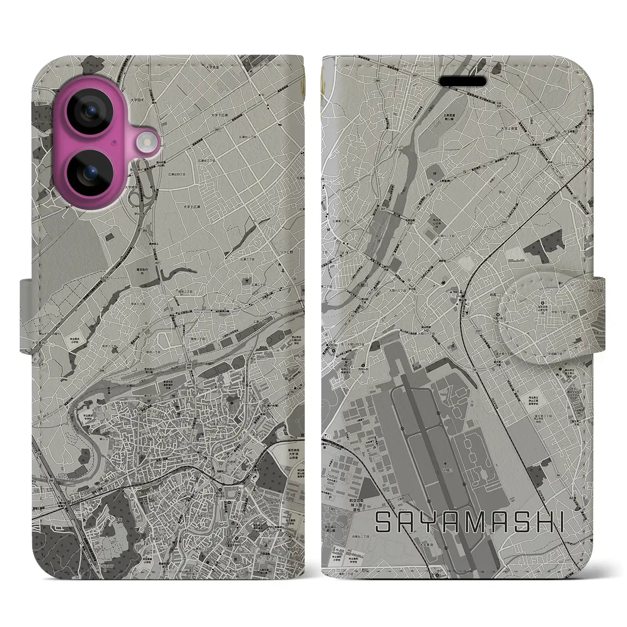 【狭山市(埼玉県)】地図柄iPhoneケース(手帳タイプ)モノトーン・iPhone 16 Pro 用
