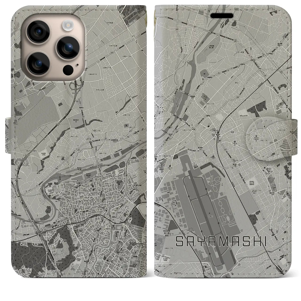 【狭山市(埼玉県)】地図柄iPhoneケース(手帳タイプ)モノトーン・iPhone 16 Plus 用