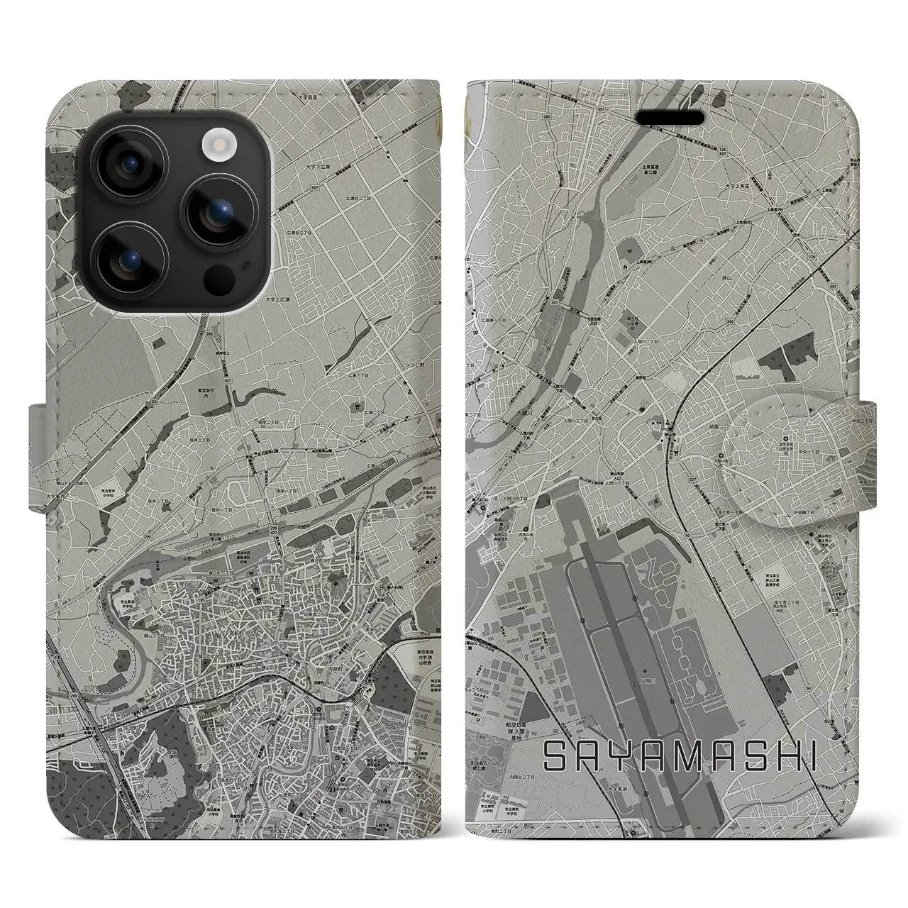 【狭山市(埼玉県)】地図柄iPhoneケース(手帳タイプ)モノトーン・iPhone 16 用