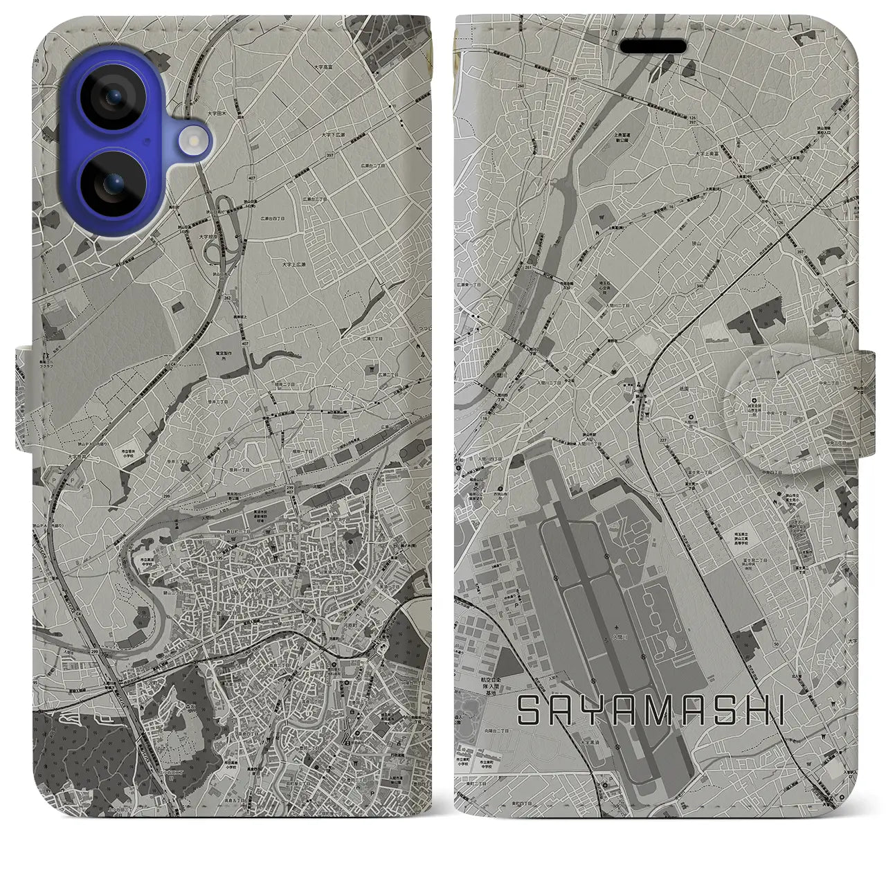 【狭山市(埼玉県)】地図柄iPhoneケース(手帳タイプ)モノトーン・iPhone 16 Pro Max 用