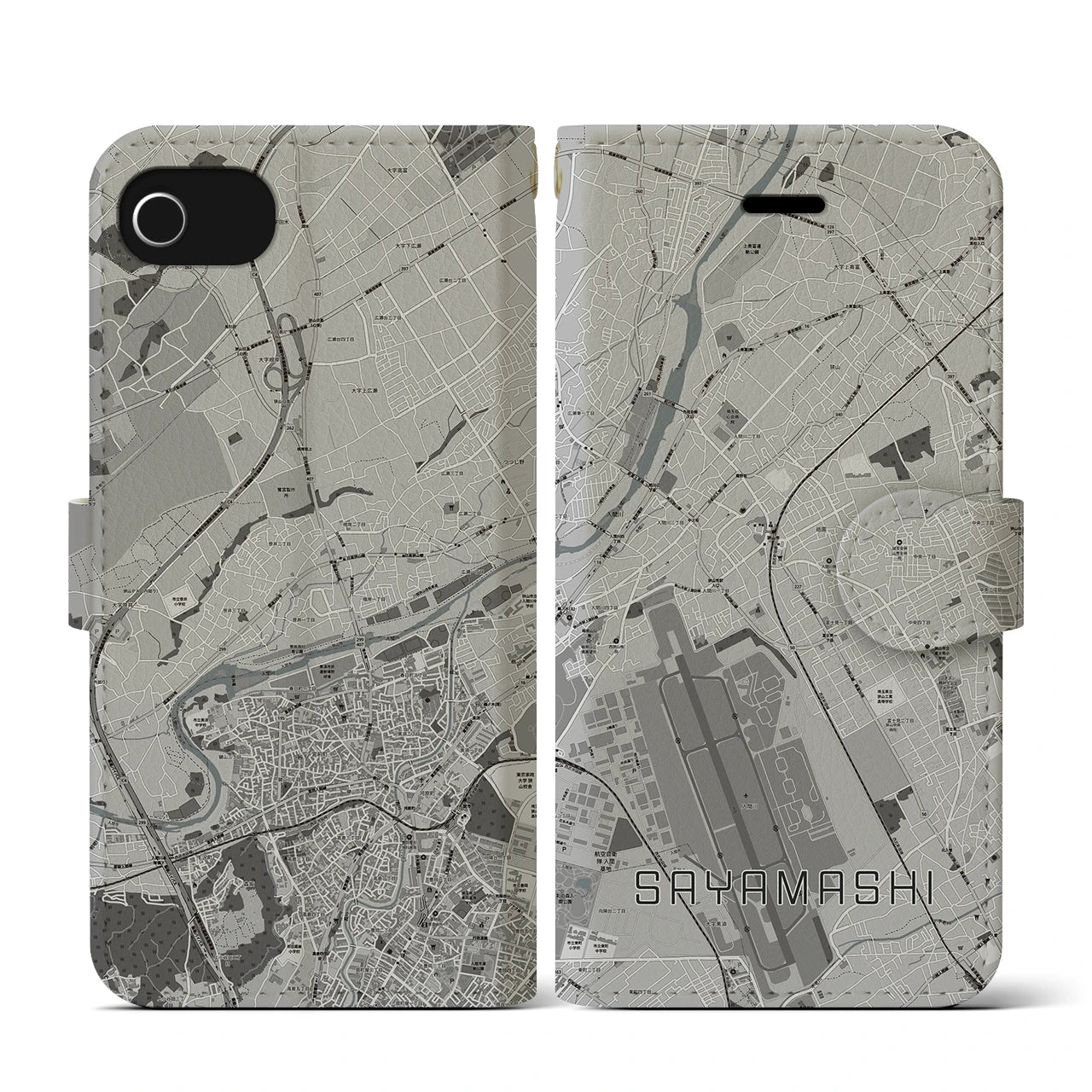 【狭山市(埼玉県)】地図柄iPhoneケース(手帳タイプ)モノトーン・iPhone SE(第3 / 第2世代) / 8 / 7 / 6s / 6 用