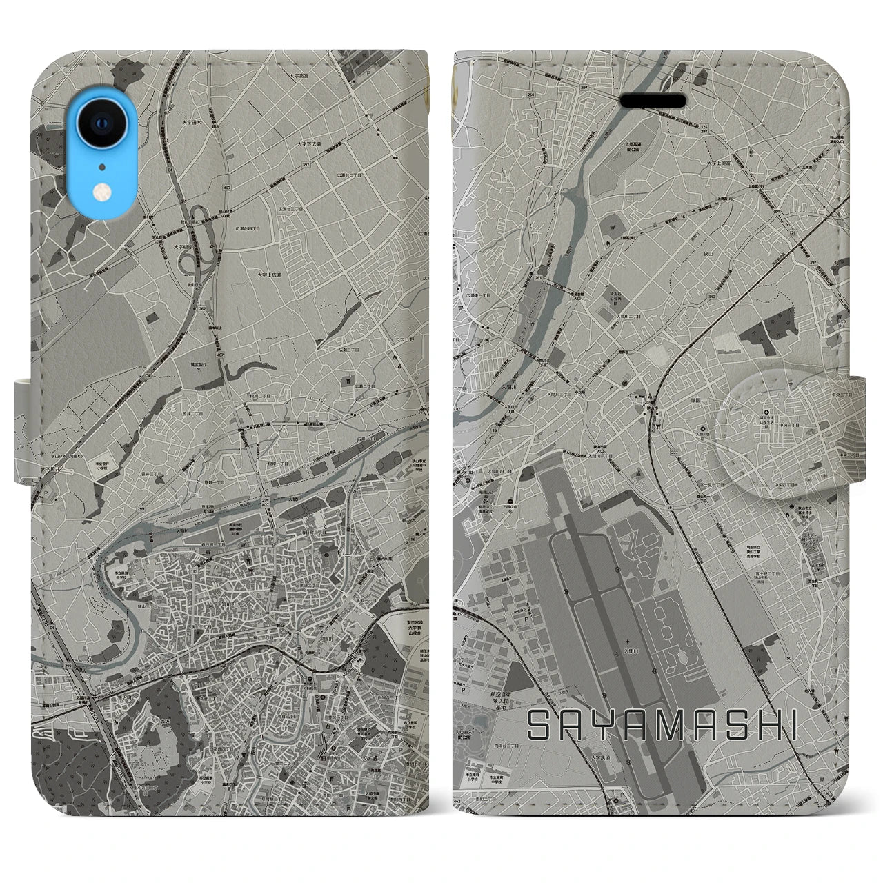 【狭山市(埼玉県)】地図柄iPhoneケース(手帳タイプ)モノトーン・iPhone XR 用