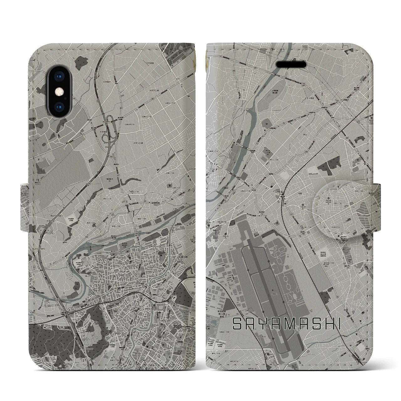 【狭山市(埼玉県)】地図柄iPhoneケース(手帳タイプ)モノトーン・iPhone XS / X 用