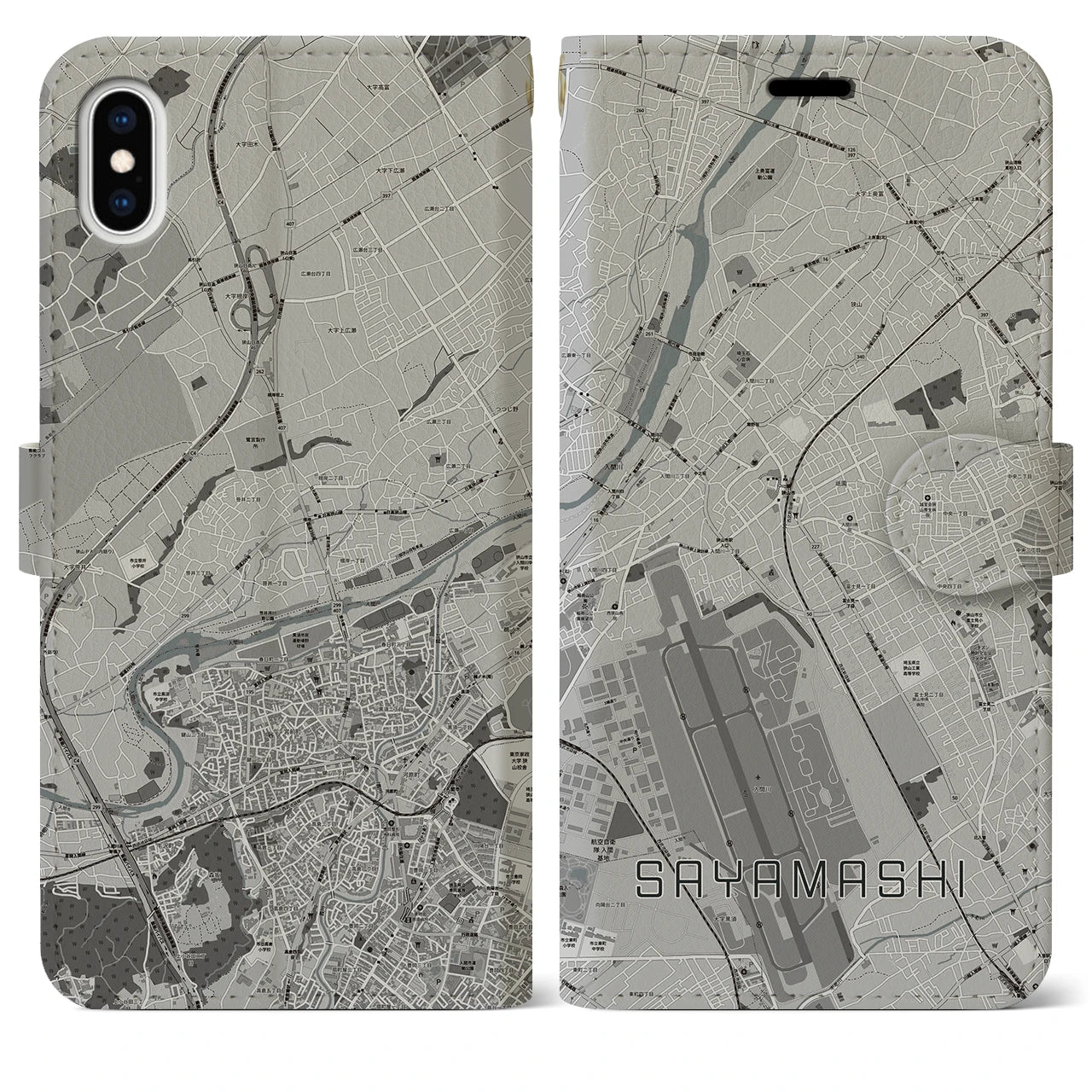 【狭山市(埼玉県)】地図柄iPhoneケース(手帳タイプ)モノトーン・iPhone XS Max 用