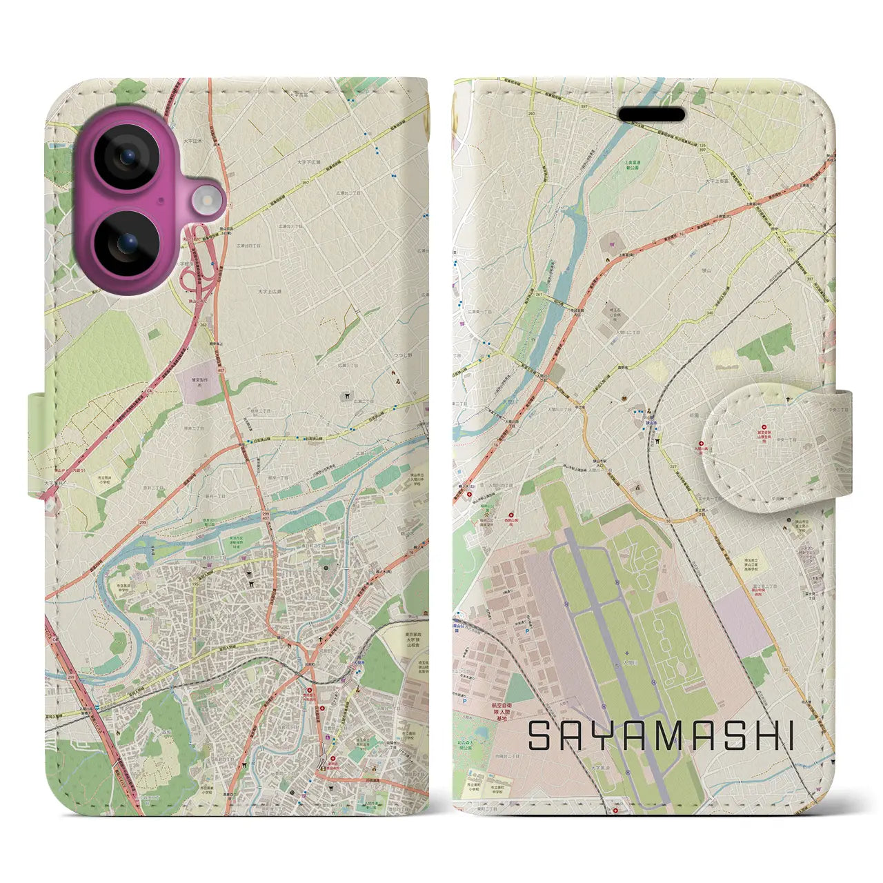 【狭山市(埼玉県)】地図柄iPhoneケース(手帳タイプ)ナチュラル・iPhone 16 Pro 用