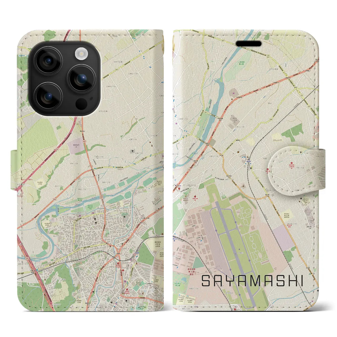 【狭山市(埼玉県)】地図柄iPhoneケース(手帳タイプ)ナチュラル・iPhone 16 用