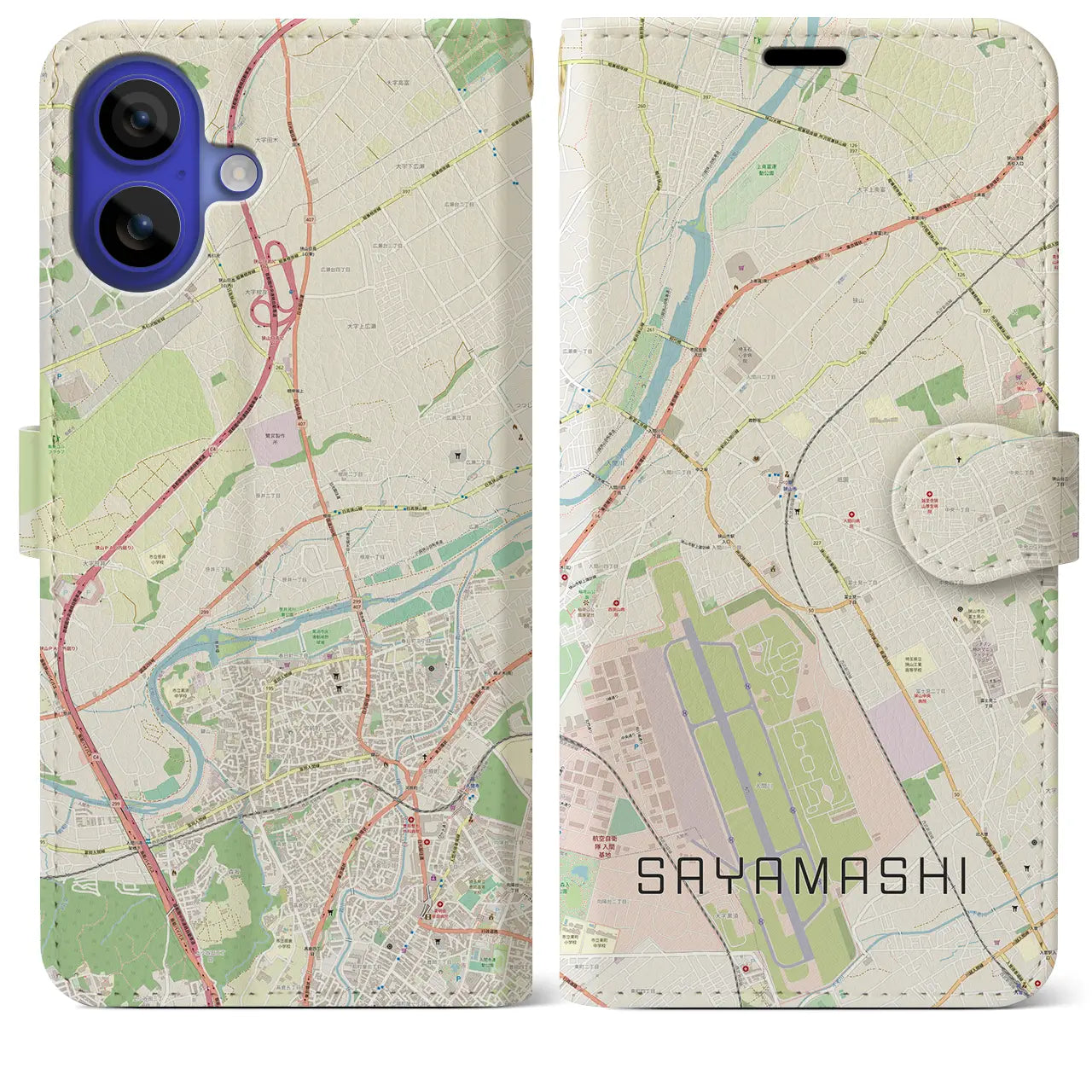 【狭山市(埼玉県)】地図柄iPhoneケース(手帳タイプ)ナチュラル・iPhone 16 Pro Max 用
