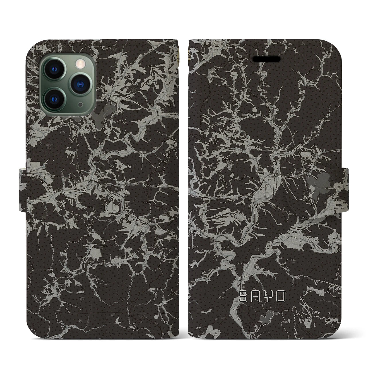 【佐用(兵庫県)】地図柄iPhoneケース(手帳タイプ)モノトーン・iPhone 11 Pro 用