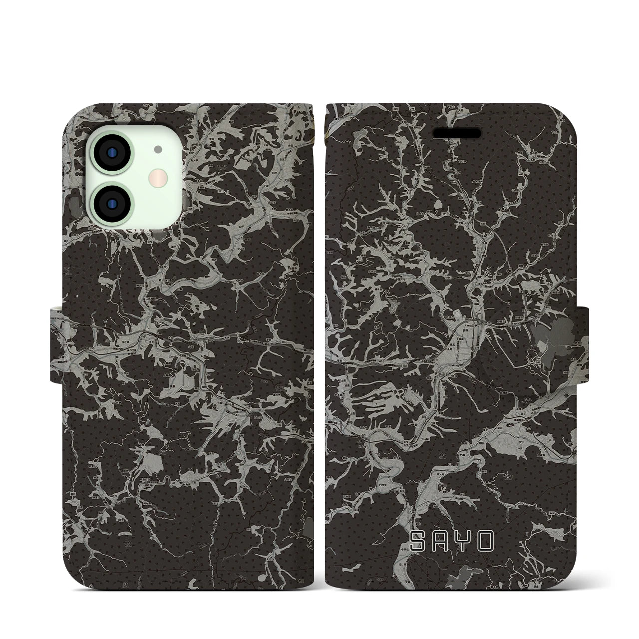 【佐用(兵庫県)】地図柄iPhoneケース(手帳タイプ)モノトーン・iPhone 12 mini 用