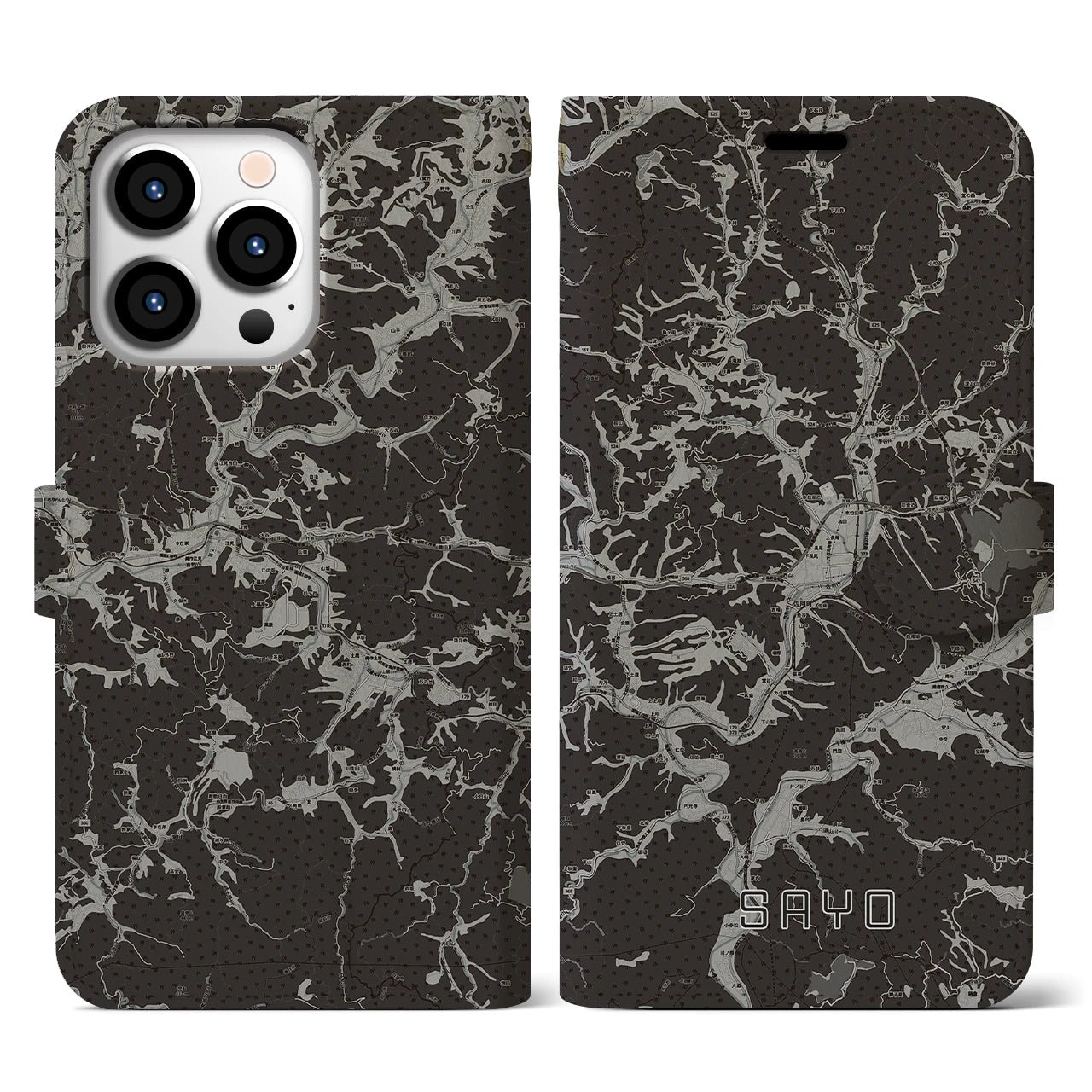 【佐用(兵庫県)】地図柄iPhoneケース(手帳タイプ)モノトーン・iPhone 13 Pro 用