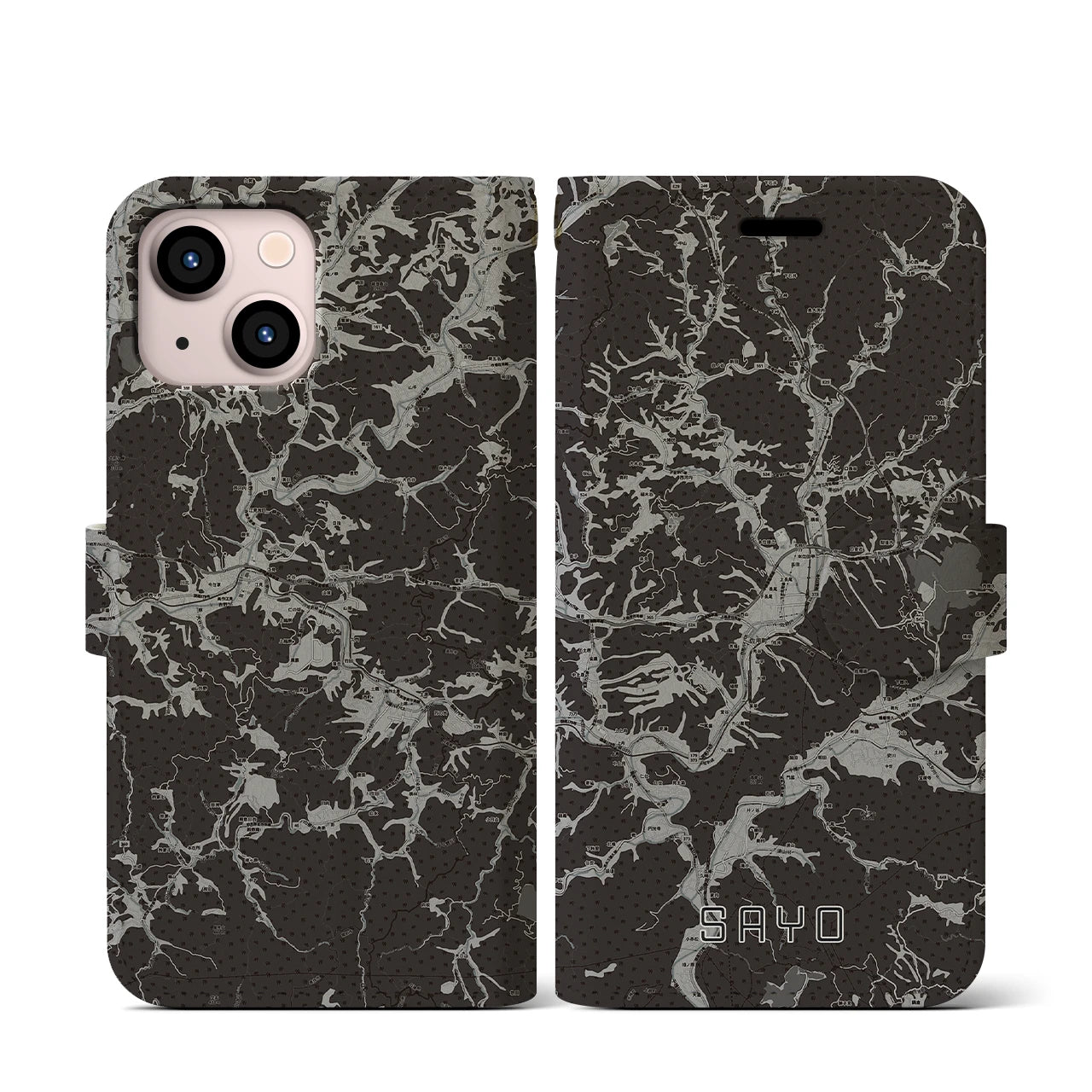 【佐用(兵庫県)】地図柄iPhoneケース(手帳タイプ)モノトーン・iPhone 13 mini 用