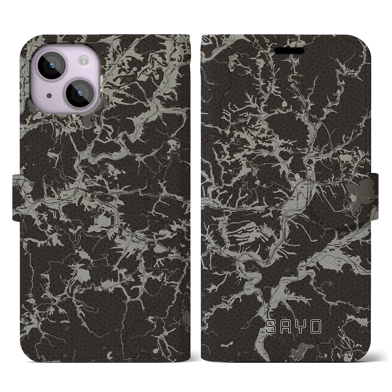 【佐用(兵庫県)】地図柄iPhoneケース(手帳タイプ)モノトーン・iPhone 14 用