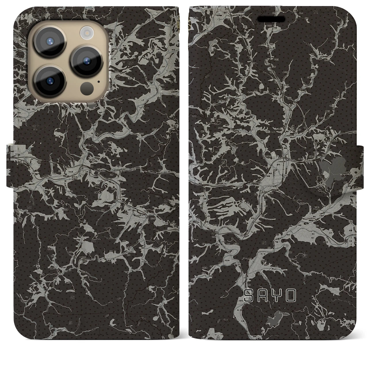 【佐用(兵庫県)】地図柄iPhoneケース(手帳タイプ)モノトーン・iPhone 14 Pro Max 用