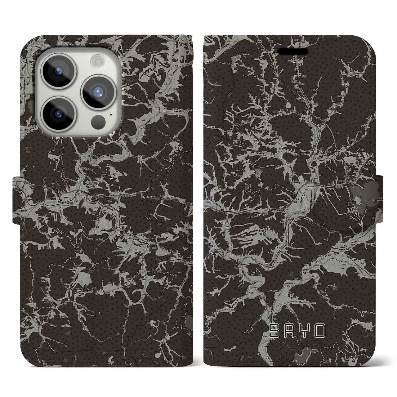 【佐用(兵庫県)】地図柄iPhoneケース(手帳タイプ)モノトーン・iPhone 15 Pro 用