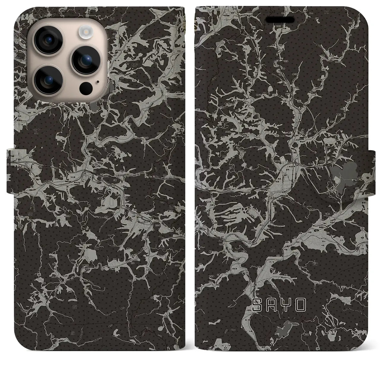 【佐用(兵庫県)】地図柄iPhoneケース(手帳タイプ)モノトーン・iPhone 16 Plus 用