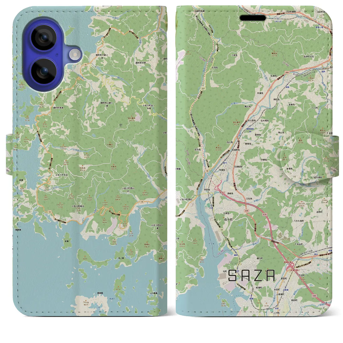 【佐々(長崎県)】地図柄iPhoneケース(手帳タイプ)モノトーン・iPhone 16 Pro Max 用