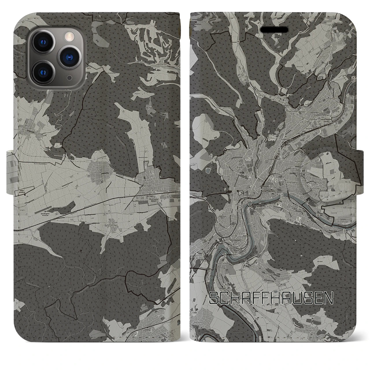 【シャフハウゼン(スイス)】地図柄iPhoneケース(手帳タイプ)モノトーン・iPhone 11 Pro Max 用