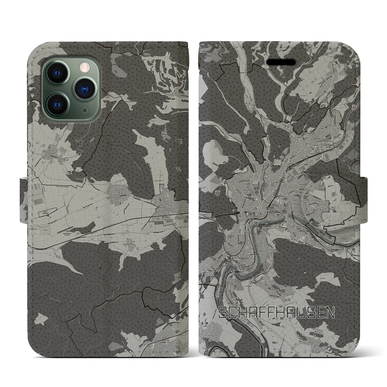 【シャフハウゼン(スイス)】地図柄iPhoneケース(手帳タイプ)モノトーン・iPhone 11 Pro 用