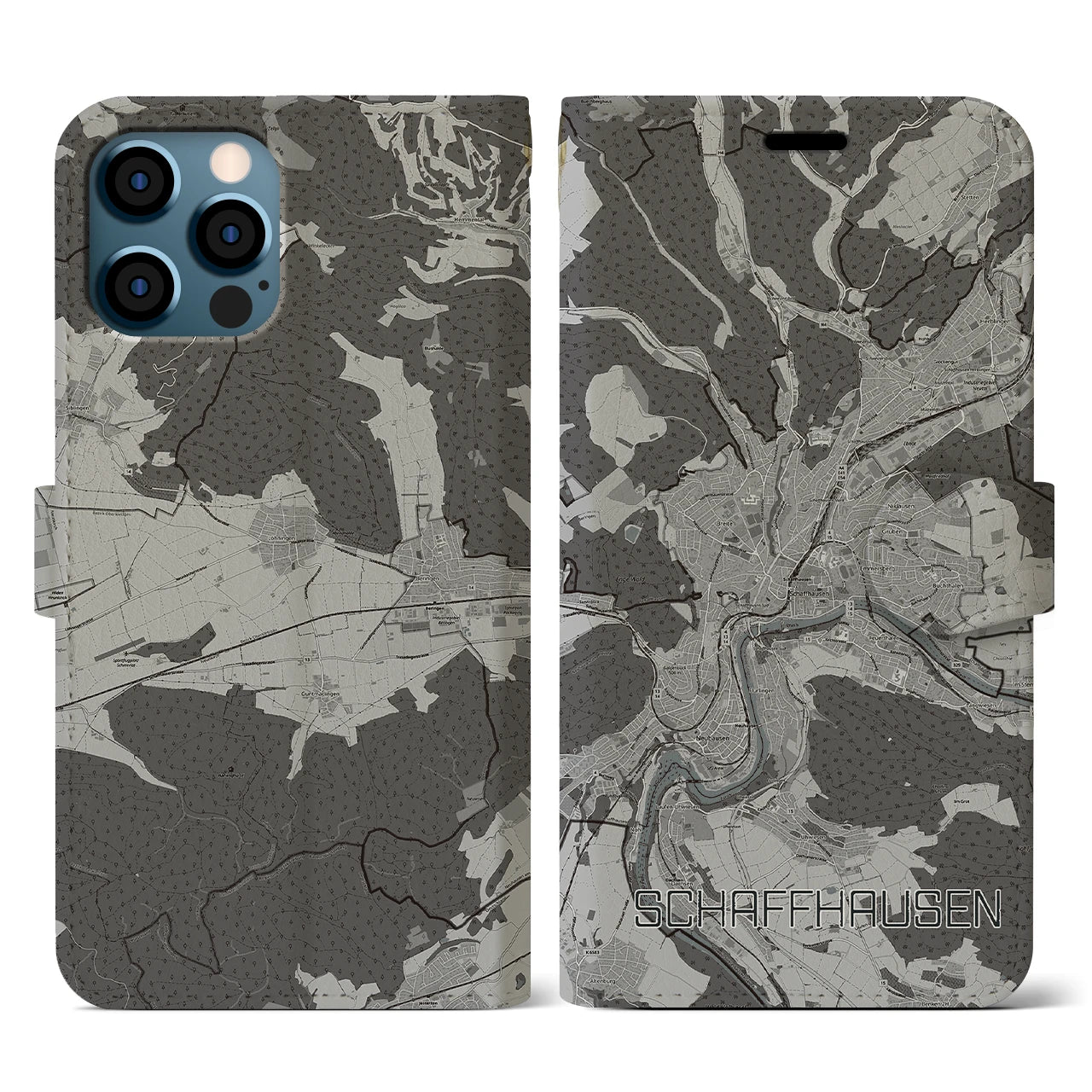 【シャフハウゼン(スイス)】地図柄iPhoneケース(手帳タイプ)モノトーン・iPhone 12 / 12 Pro 用
